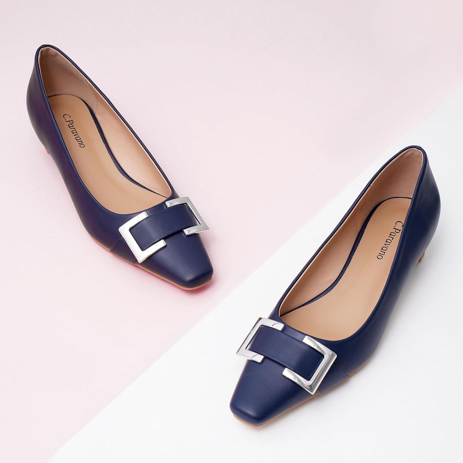 imageCParavano Womens Metal Buckle Low Heels Pumps Size 8 Navy