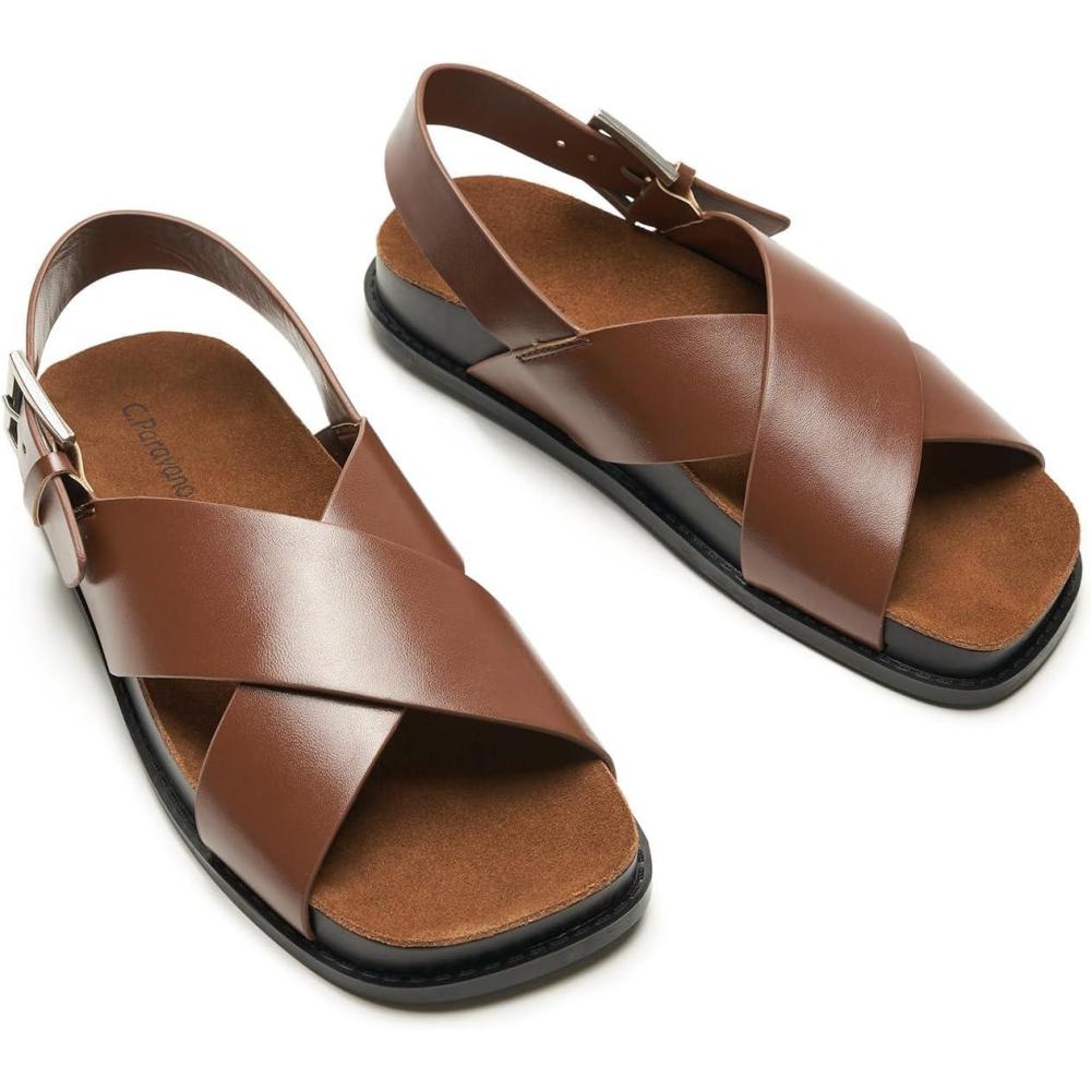 imageCParavano Brown Sandals WomenComfortable Dressy Flat Slides Summer Sandals with Arch Support for Casual Beach Work Adjustable Buckle SlipOns Fashion Shoes BrownSize 8