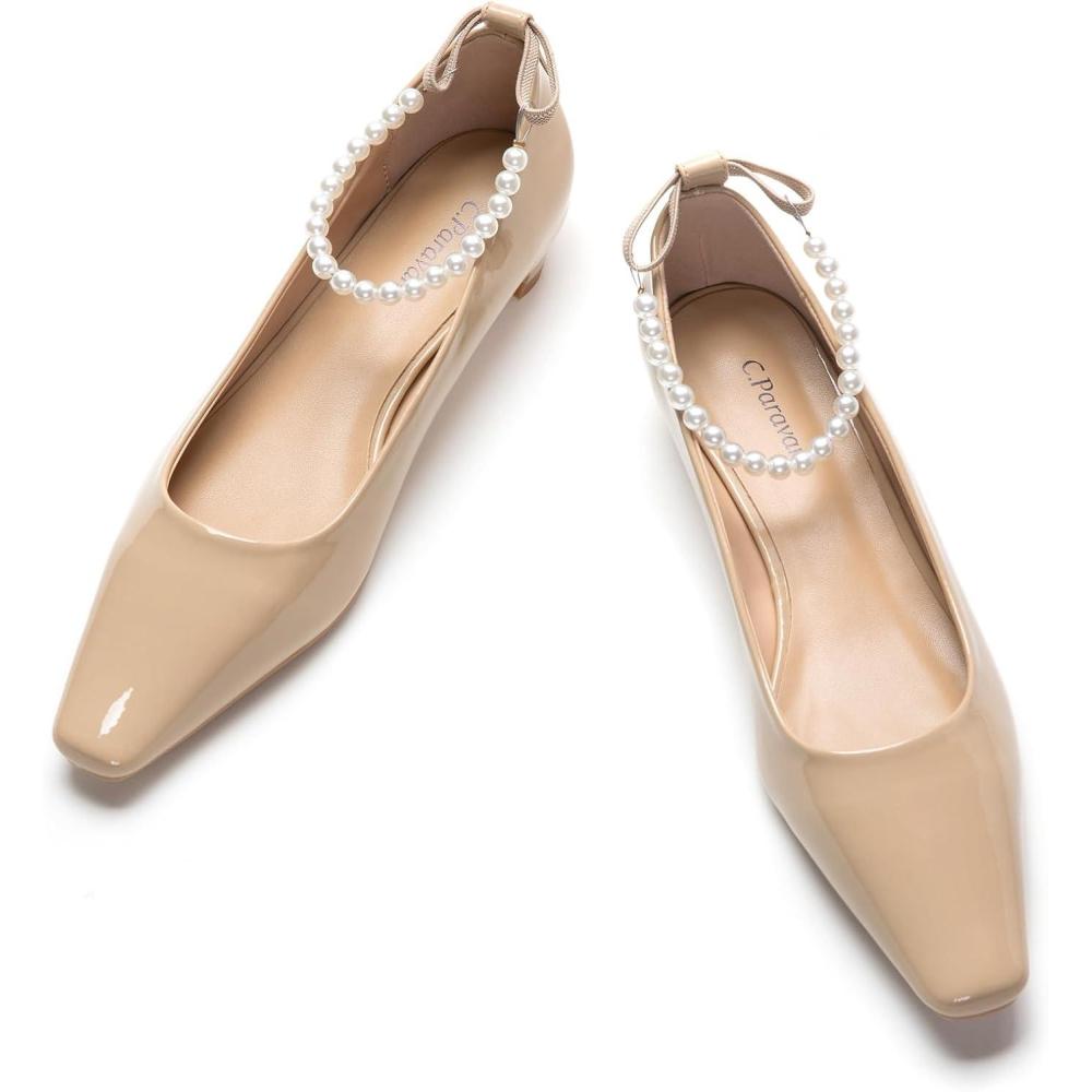 imageCParavano Chunky Low Heel Womens Square Toe Pumps SlipOn Closed Toe Low Heeled Pearl Ankle Strap Pumps Bridal Wedding ShoesBeige