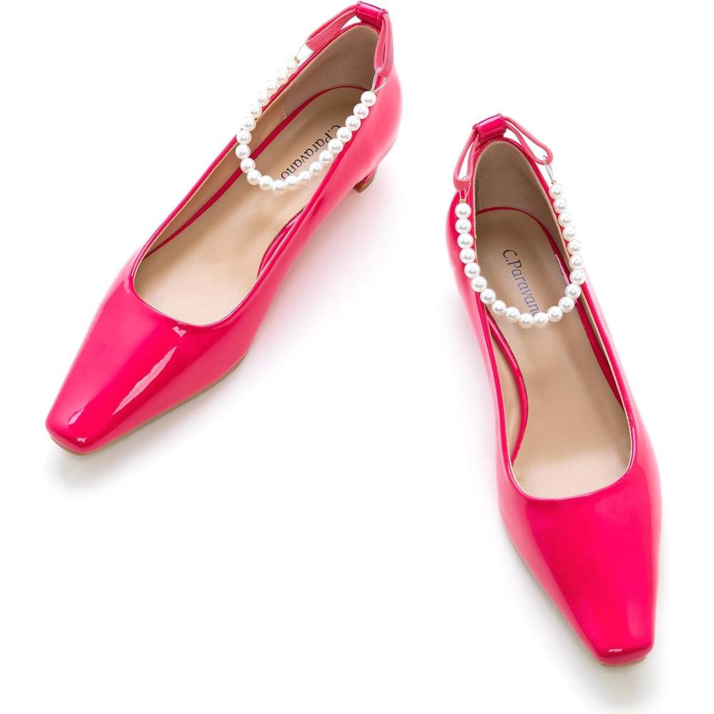 imageCParavano Chunky Low Heel Womens Square Toe Pumps SlipOn Closed Toe Low Heeled Pearl Ankle Strap Pumps Bridal Wedding ShoesHotpink