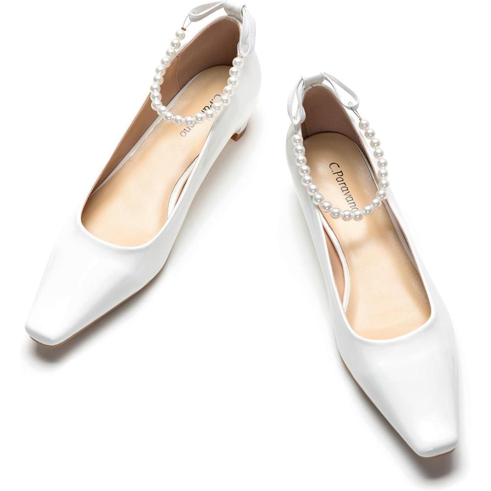 imageCParavano Chunky Low Heel Womens Square Toe Pumps SlipOn Closed Toe Low Heeled Pearl Ankle Strap Pumps Bridal Wedding ShoesWhite