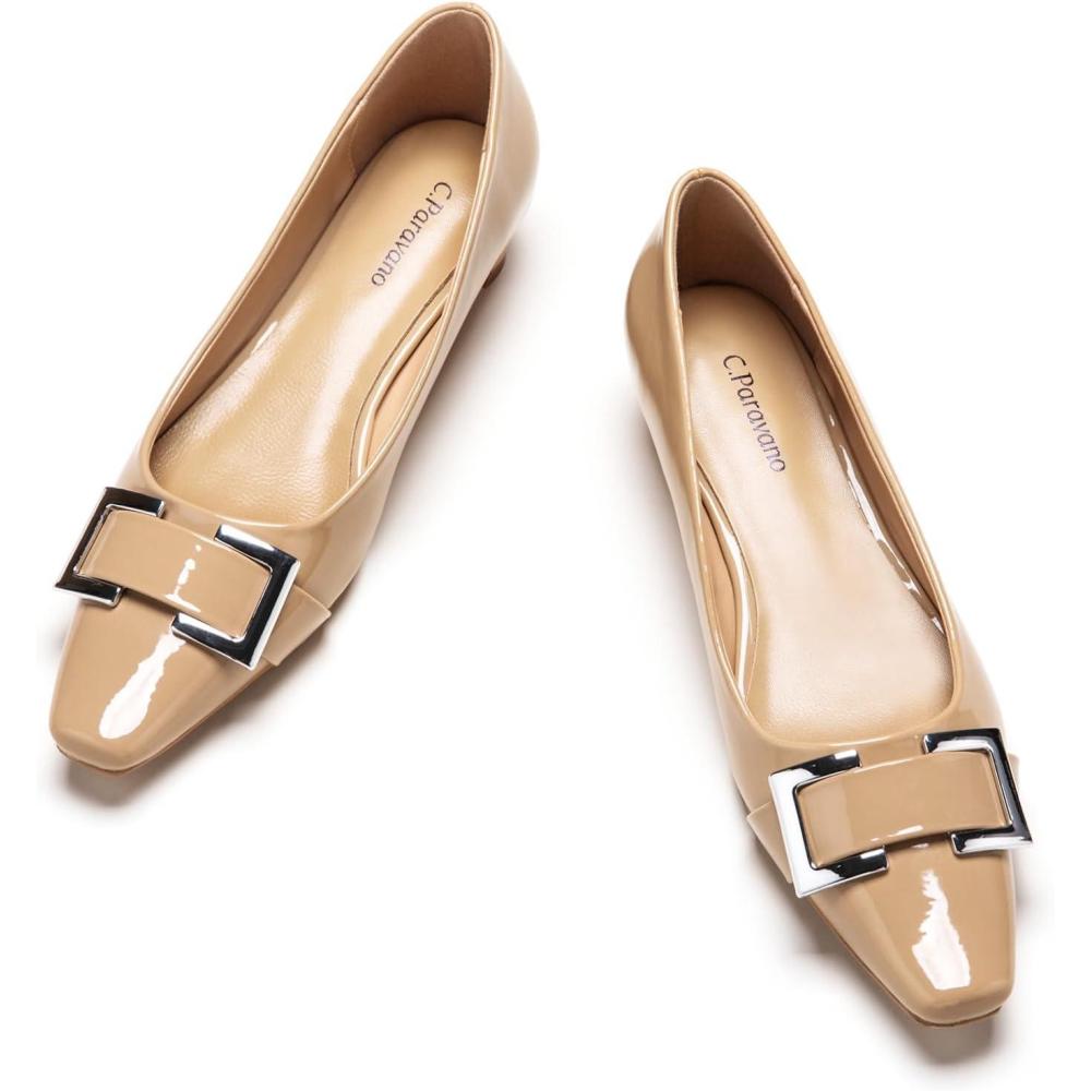 imageCParavano Metal Buckle Square Toe Low Block Heels Closed Toe Chunky Heels 11 in Low Heel Pumps Vintage Womens Pump for Party Wear Dress Pumps Shoes Patent LeatherBeige85