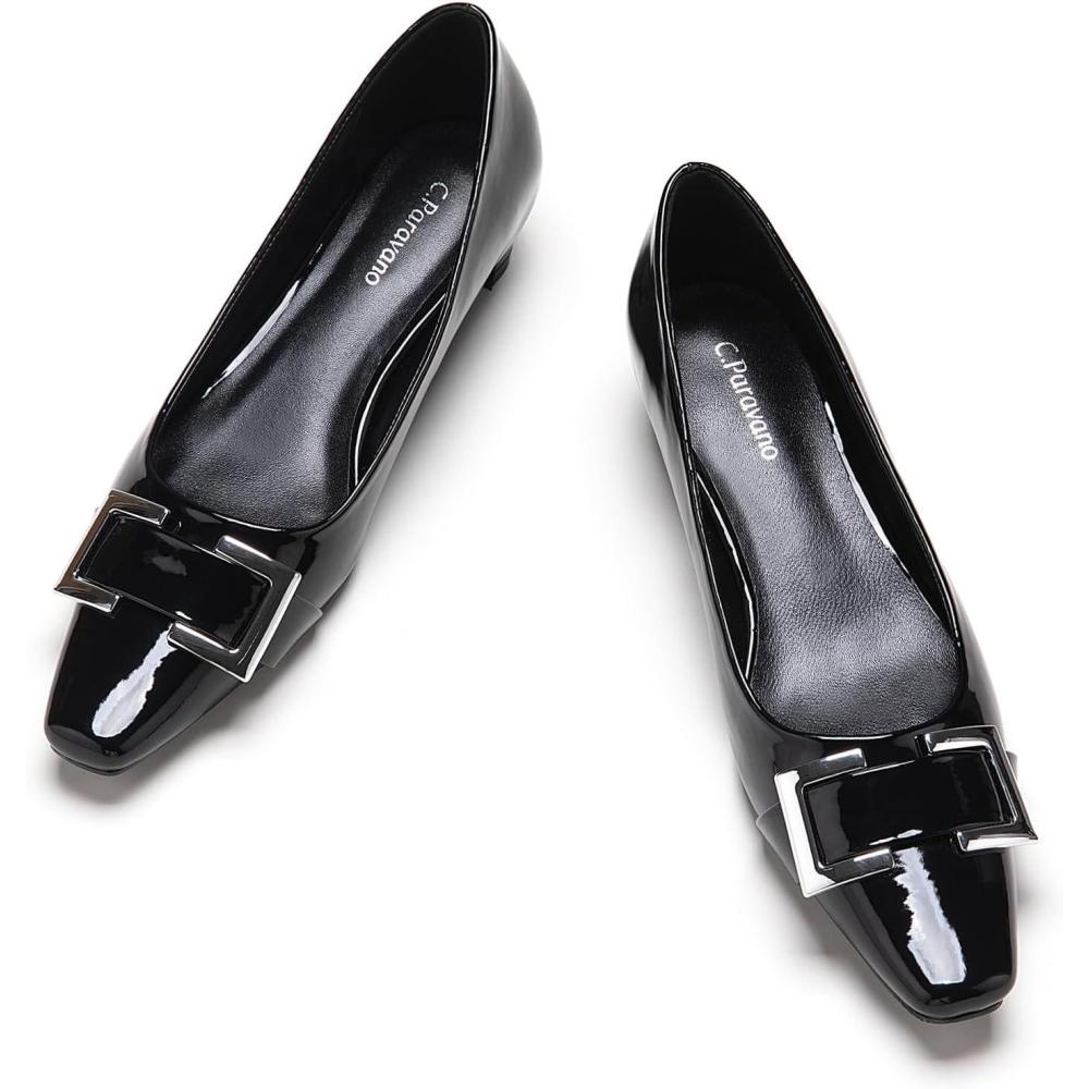 imageCParavano Metal Buckle Square Toe Low Block Heels Closed Toe Chunky Heels 11 in Low Heel Pumps Vintage Womens Pump for Party Wear Dress Pumps Shoes Patent LeatherBlack65