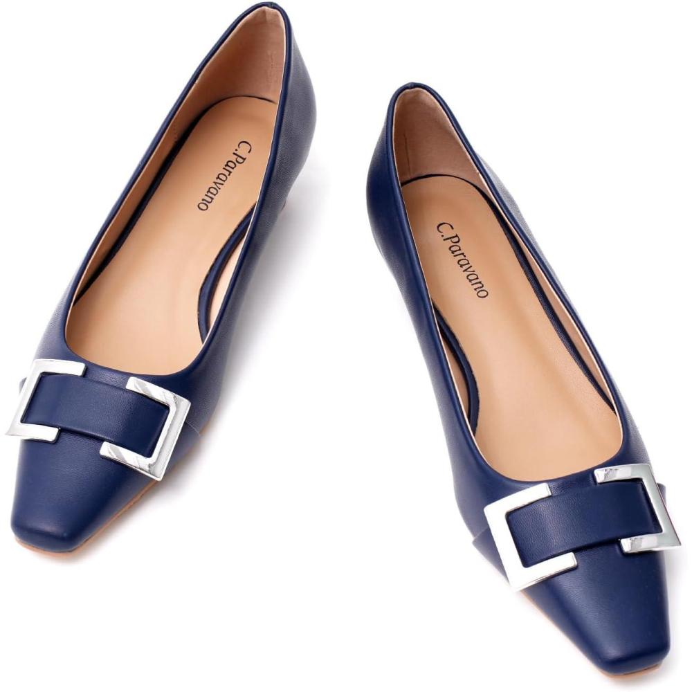 imageCParavano Womens Metal Buckle Low Heels Pumps Size 8 Navy