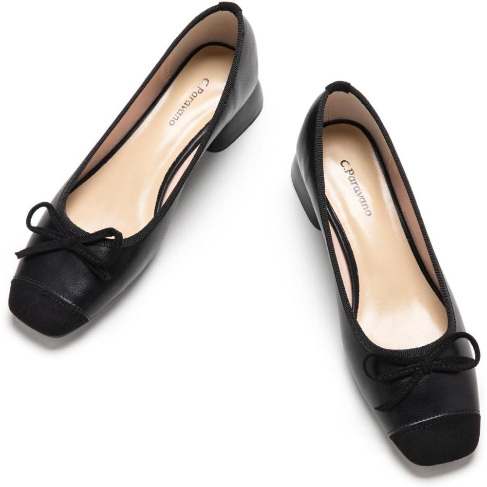 imageCParavano Womens Pump Square Toe Low Block Heels Closed Toe Chunky Heels Leather Low Heel Pumps Dress Wedding ShoesBlack