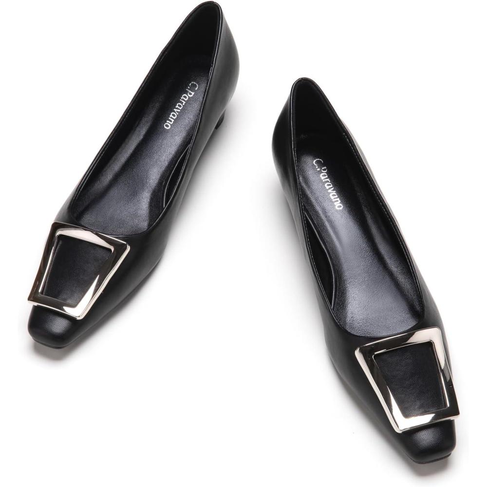 imageCParavano Womens Pumps Square Toe Low Heels Trapezoid Metal Buckle Closed Chunky Heel Dress Shoes Soft Leather Low Block Heels for Casual Outfits SatinBlack