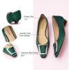 C.Paravano Women’s Pumps Square Toe Low Heels Trapezoid Metal Buckle Closed Chunky Heel Dress Shoes Soft Leather Low Block Heels for Casual Outfits Satin(Green)
