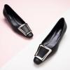 C.Paravano Women’s Pumps Square Toe Low Heels Trapezoid Metal Buckle Closed Chunky Heel Dress Shoes Soft Leather Low Block Heels for Casual Outfits Satin(Black)