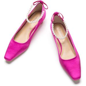 C.Paravano Chunky Low Heel Women’s Square Toe Pumps Slip-On Closed Toe Low Heeled Pearl Ankle Strap Pumps Bridal Wedding Shoes(Purplish)