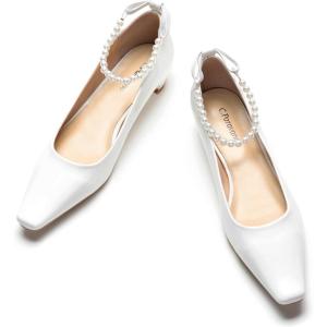 C.Paravano Chunky Low Heel Women’s Square Toe Pumps Slip-On Closed Toe Low Heeled Pearl Ankle Strap Pumps Bridal Wedding Shoes(White)