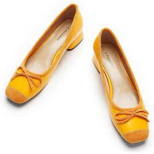 C.Paravano Low Heel Dress Shoes for Women | Elegant Slip On Heels with Bowknot | Comfortable Square Toe Pumps | Wedding Work Office Heeled Shoes(Size 40,Yellow)