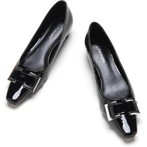 C.Paravano Metal Buckle Square Toe Low Block Heels Closed Toe Chunky Heels 1.1 in Low Heel Pumps Vintage Women’s Pump for Party Wear Dress Pumps Shoes Patent Leather(Black,6.5)