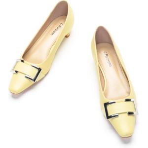 C.Paravano Metal Buckle Square Toe Low Block Heels Closed Toe Chunky Heels 1.1 in Low Heel Pumps Vintage Women’s Pump for Party Wear Dress Pumps Shoes Soft Lambskin(Yellow,7.5)