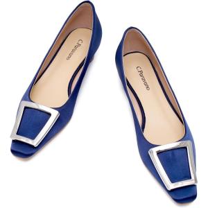 C.Paravano Women’s Pumps Square Toe Low Heels Trapezoid Metal Buckle Closed Chunky Heel Dress Shoes Soft Leather Low Block Heels for Casual Outfits Satin(Navy)