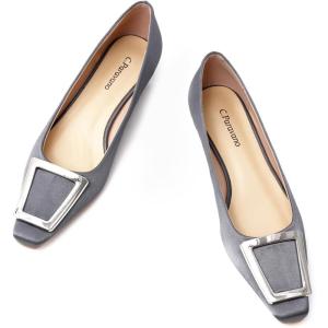 C.Paravano Women’s Pumps Square Toe Low Heels Trapezoid Metal Buckle Closed Chunky Heel Dress Shoes Soft Leather Low Block Heels for Casual Outfits Satin(Darkgrey)