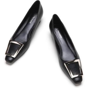 C.Paravano Women’s Pumps Square Toe Low Heels Trapezoid Metal Buckle Closed Chunky Heel Dress Shoes Soft Leather Low Block Heels for Casual Outfits Satin(Black)
