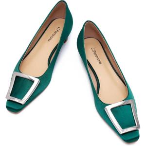 C.Paravano Women’s Pumps Square Toe Low Heels Trapezoid Metal Buckle Closed Chunky Heel Dress Shoes Soft Leather Low Block Heels for Casual Outfits Satin(Green)