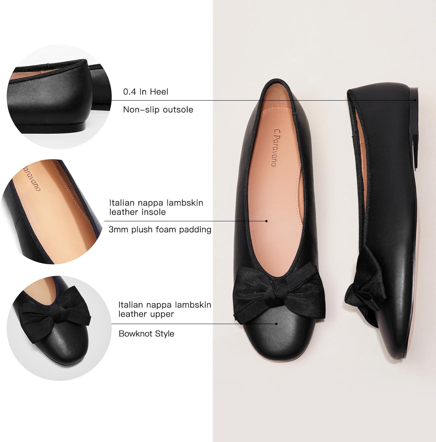 imageCParavano Genuine Leather Flats for Women Ballet Flats Round Toe Shoes Dress Shoes for WomenBlack