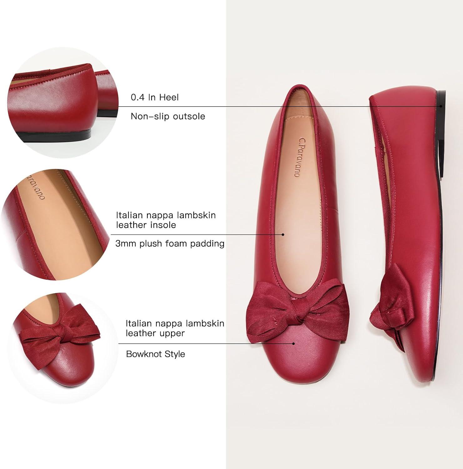 imageCParavano Genuine Leather Flats for Women Ballet Flats Round Toe Shoes Dress Shoes for WomenRed