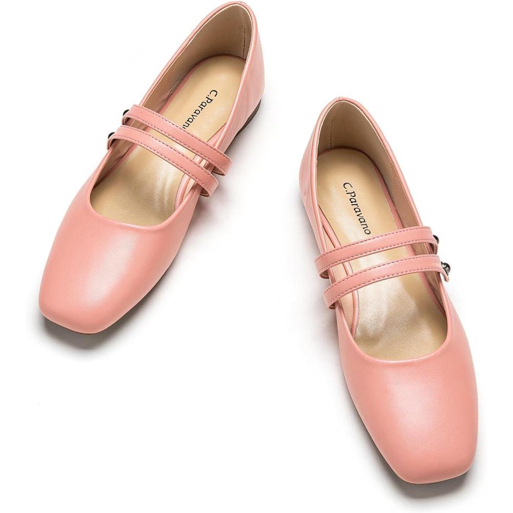 imageCPARAVANO Mary Jane Shoes for Women Womens Square Toe Flats Pink Glossy Leather Mary Jane Size 9Pinkc