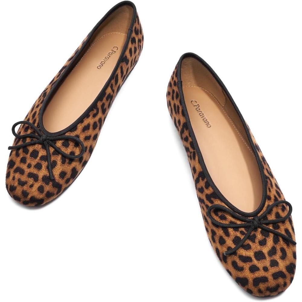 imageCParavano Genuine Leather Flats for Women Ballet Flats Round Toe Shoes Dress Shoes for WomenLeopard