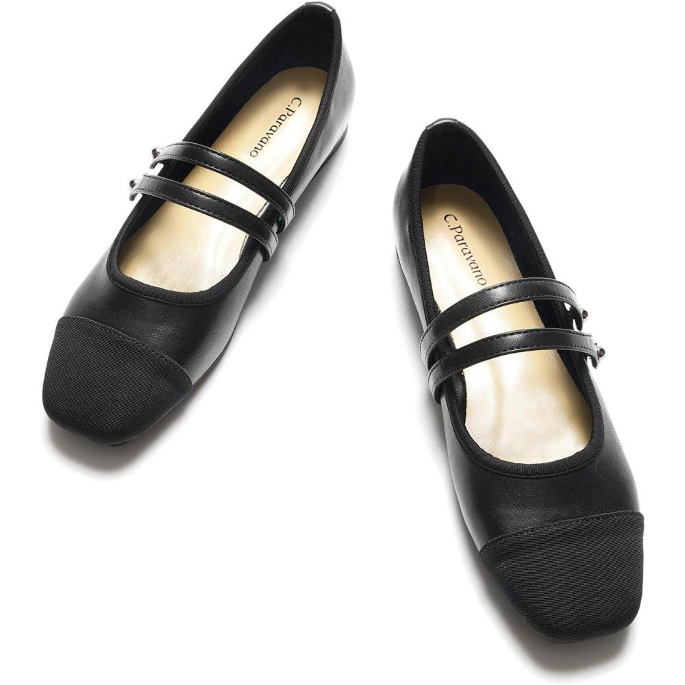 imageCParavano Mary Jane Shoes for Women Womens Square Toe Flats Comfortable Mary Jane Flats Slip On Dress Ballet Flat Black Walking Shoes for Casual Work ampamp Business Size 85Black