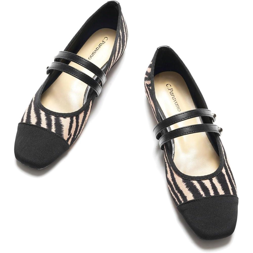 imageCParavano Mary Jane Shoes for Women Womens Square Toe Flats Comfortable Mary Jane Flats Stylish Slip On Dress Ballet Flat Walking Shoes for Casual Work ampamp Business Size 85Zebra