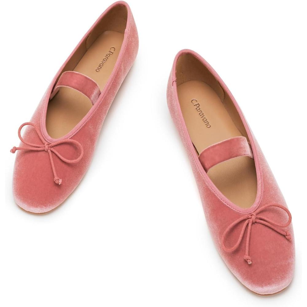 imageCParavano Women Velvet Flats Ballet Flat Mary Jane Shoes Round Toe Ballerinas Flats WomenPink