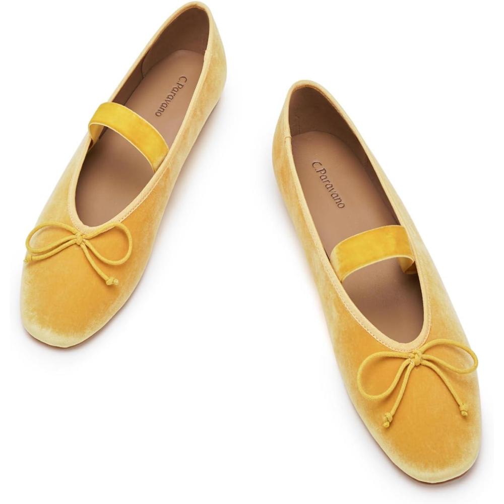 imageCParavano Women Velvet Flats  Ballet Flat  Mary Jane Shoes  Round Toe Ballerinas Flats WomenYellow