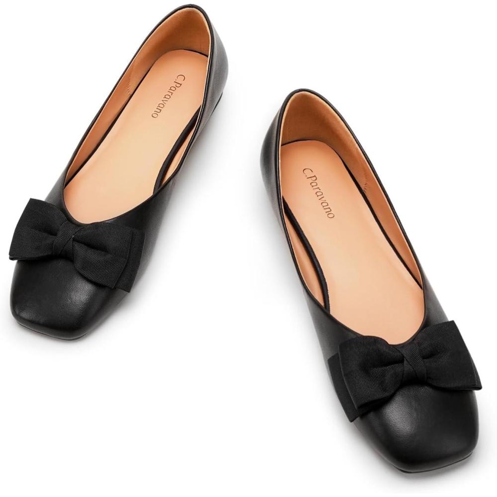 imageCParavano Womens Flats Genuine Leather Womens Ballet Flats Square Toe Shoes Leather Flats for WomenBlack