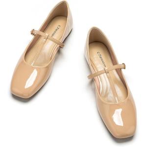 C.PARAVANO C.Paravano Mary Jane Shoes for Women | Womens Square Toe Flats | Beige Glossy Leather Mary Jane (Size 7,Beige_b)