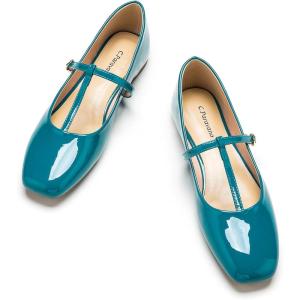 C.PARAVANO Mary Jane Shoes for Women | Womens Square Toe Flats | Blue Glossy Leather Mary Jane (Size 9,Blue_b)