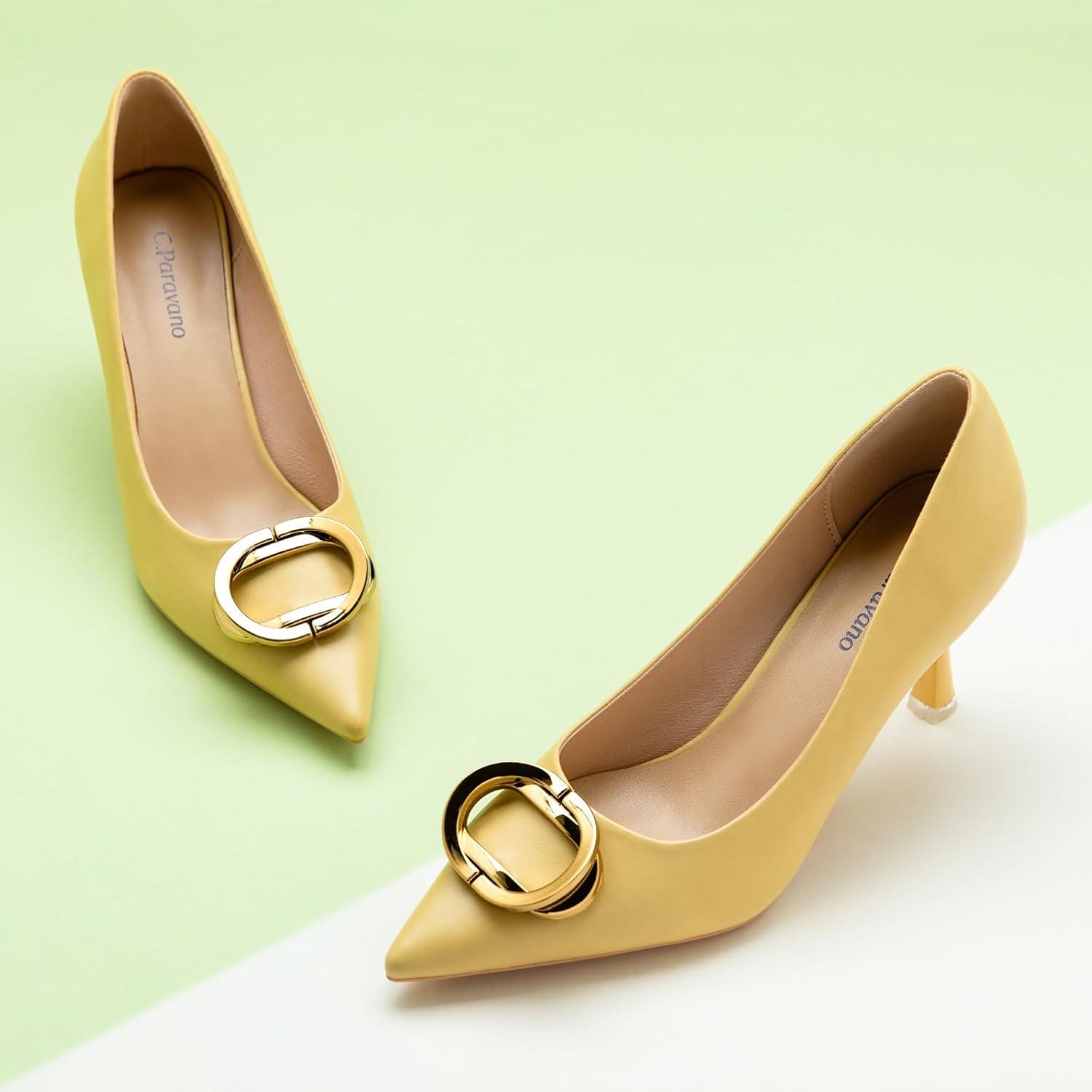 image:imageCParavano Womens Pumps Women Heels Closed Toe Pumps Shoes Women Chic Pointed Toe Design Comfort HeelsYellow