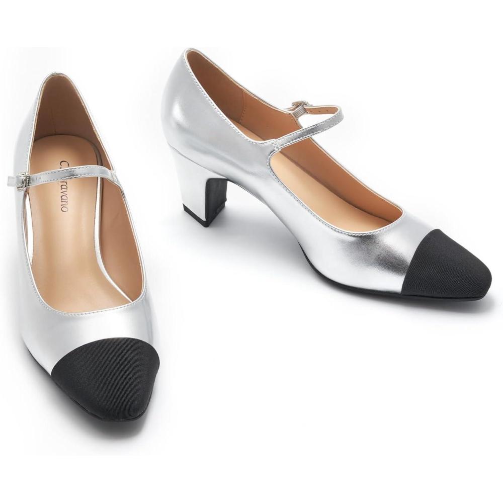 image:imageCParavano Mary Jane Pumps Womens Pumps Two Tone Almond Toe Block Heels Adjustable Strap Casual Pump Shoes Silver85