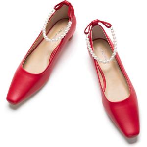C.Paravano Ladies’ Chunky Low Heel Pearl Ankle Strap Women’s Square Toe Pumps Closed Toe Low Heel Pumps Bridal Wedding Shoes 1.1in Heels（Red，7.5）