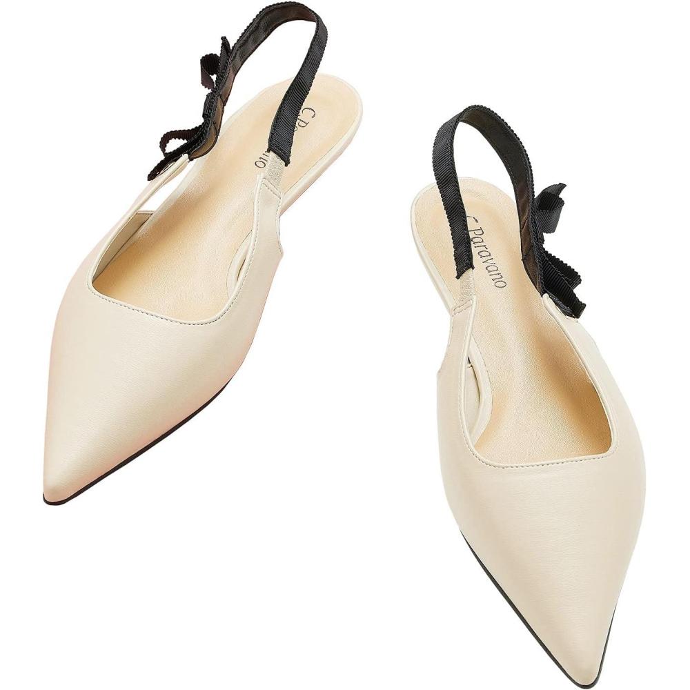 image:imageCParavano Womens Slingback  Leather Slingback Flats  Pointed Toe Slingback Shoes  Comfort Heeled Sandal  Slip on Flats Shoes for WeddingWhiteflats