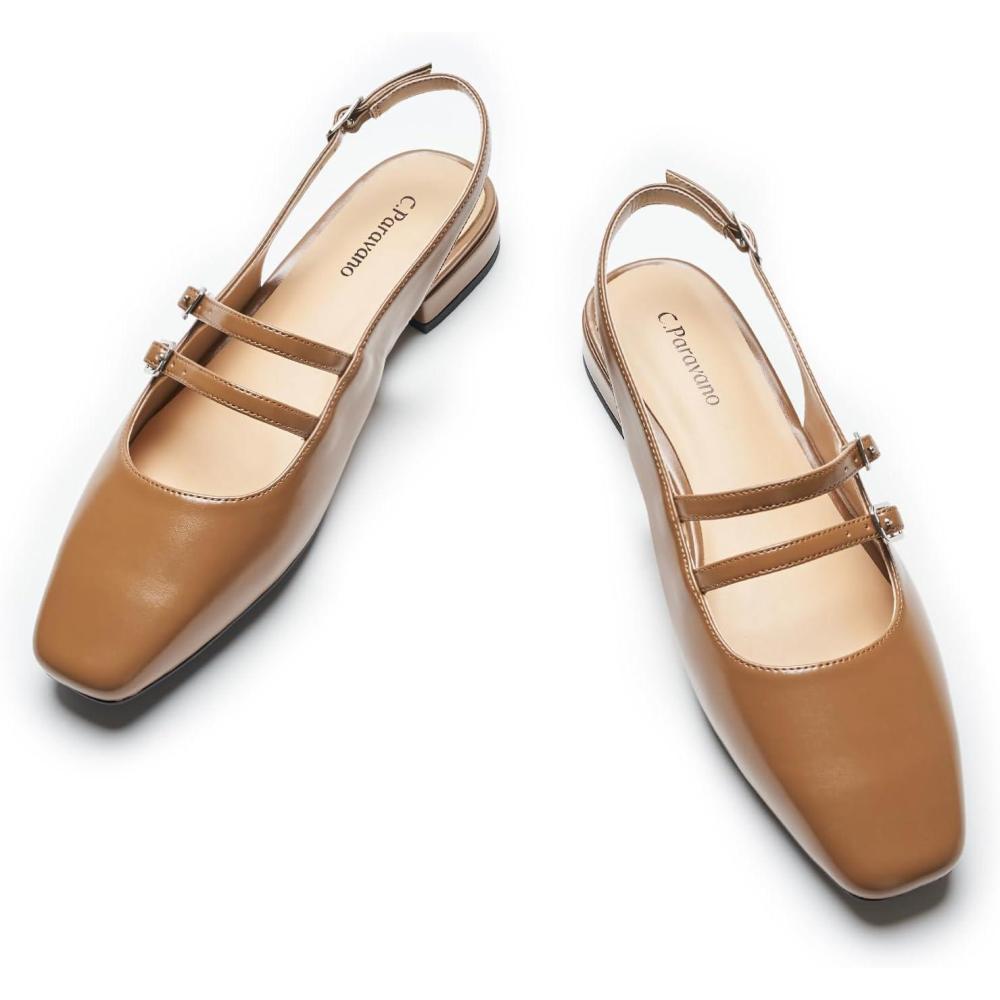 image:imageCParavano Slingback Flats for Women  Mary Jane Flats  Womens Sandals  Square Toe ShoesBrown