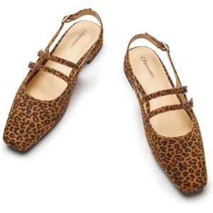 C.Paravano Slingback Flats for Women | Mary Jane Flats | Womens Sandals | Square Toe Shoes(Leopard)