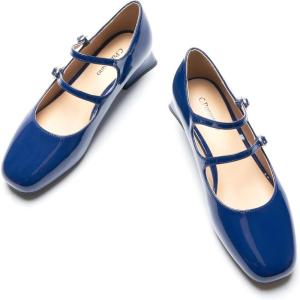 C.Paravano Womens Pumps | Mary Jane Shoes | Square Toe Low Heels | Block Heels(Navy)