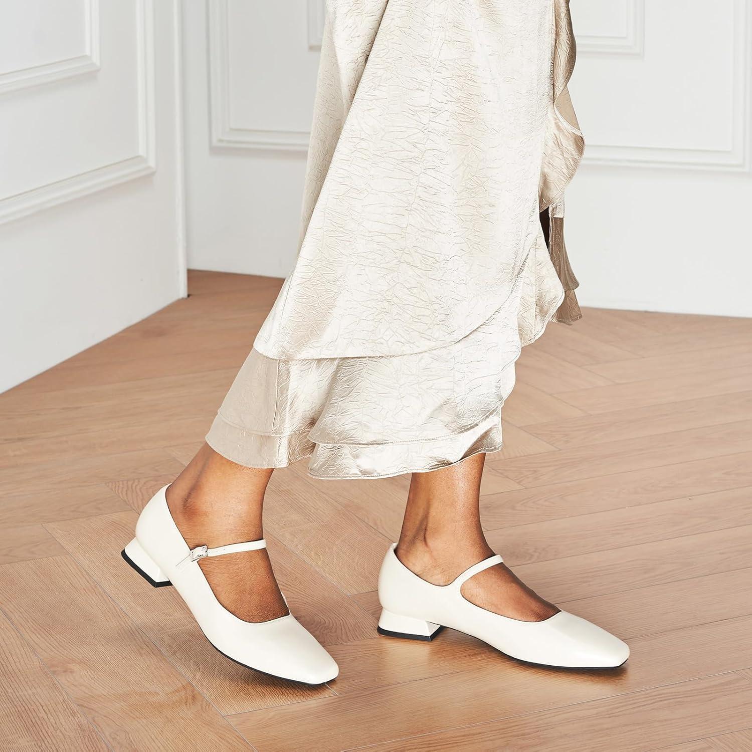 image:imageCParavano Womens Mary Jane Flats Adjustable Strap amp Square Toe Memory Foam Comfort Perfect for Office Weddings TravelIvory