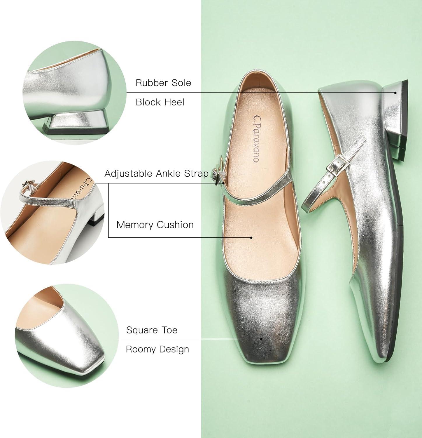 image:imageCParavano Womens Mary Jane Flats Adjustable Strap amp Square Toe Memory Foam Comfort Perfect for Office Weddings TravelSilver