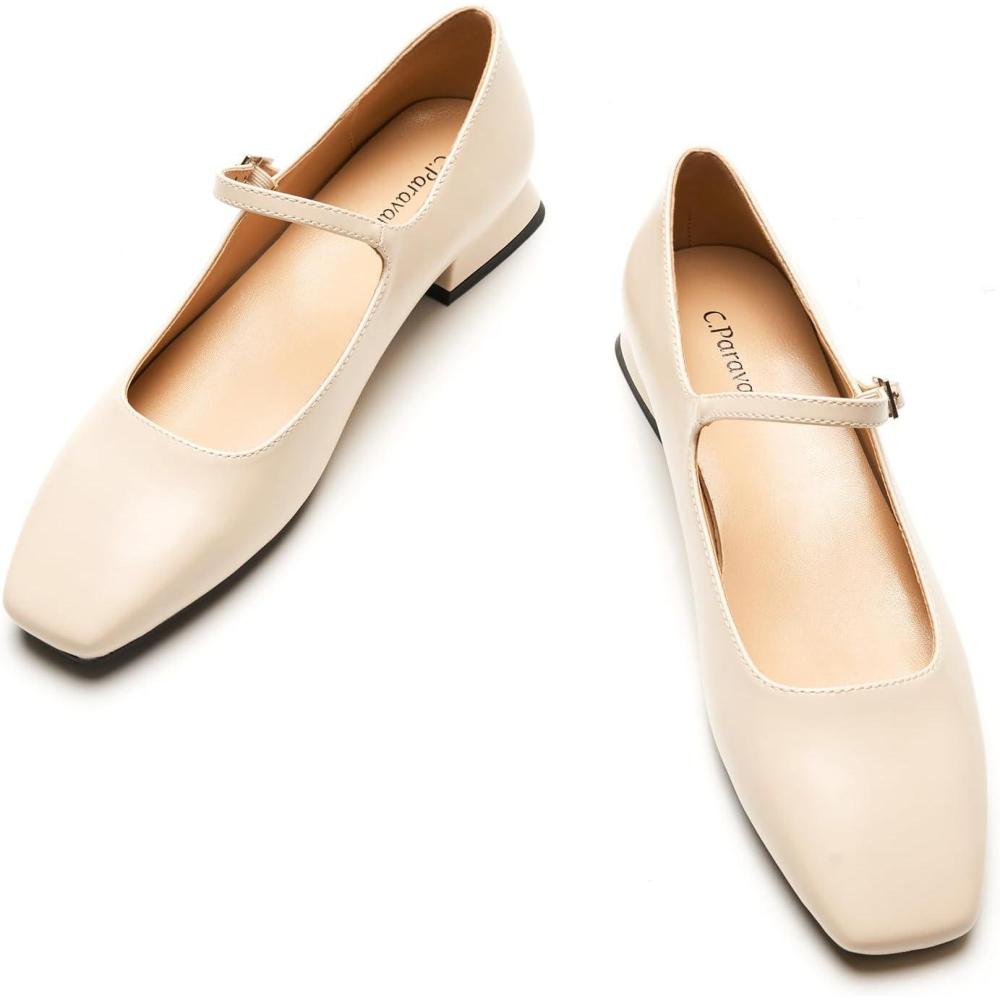 image:imageCParavano Womens Mary Jane Flats Adjustable Strap amp Square Toe Memory Foam Comfort Perfect for Office Weddings TravelIvory