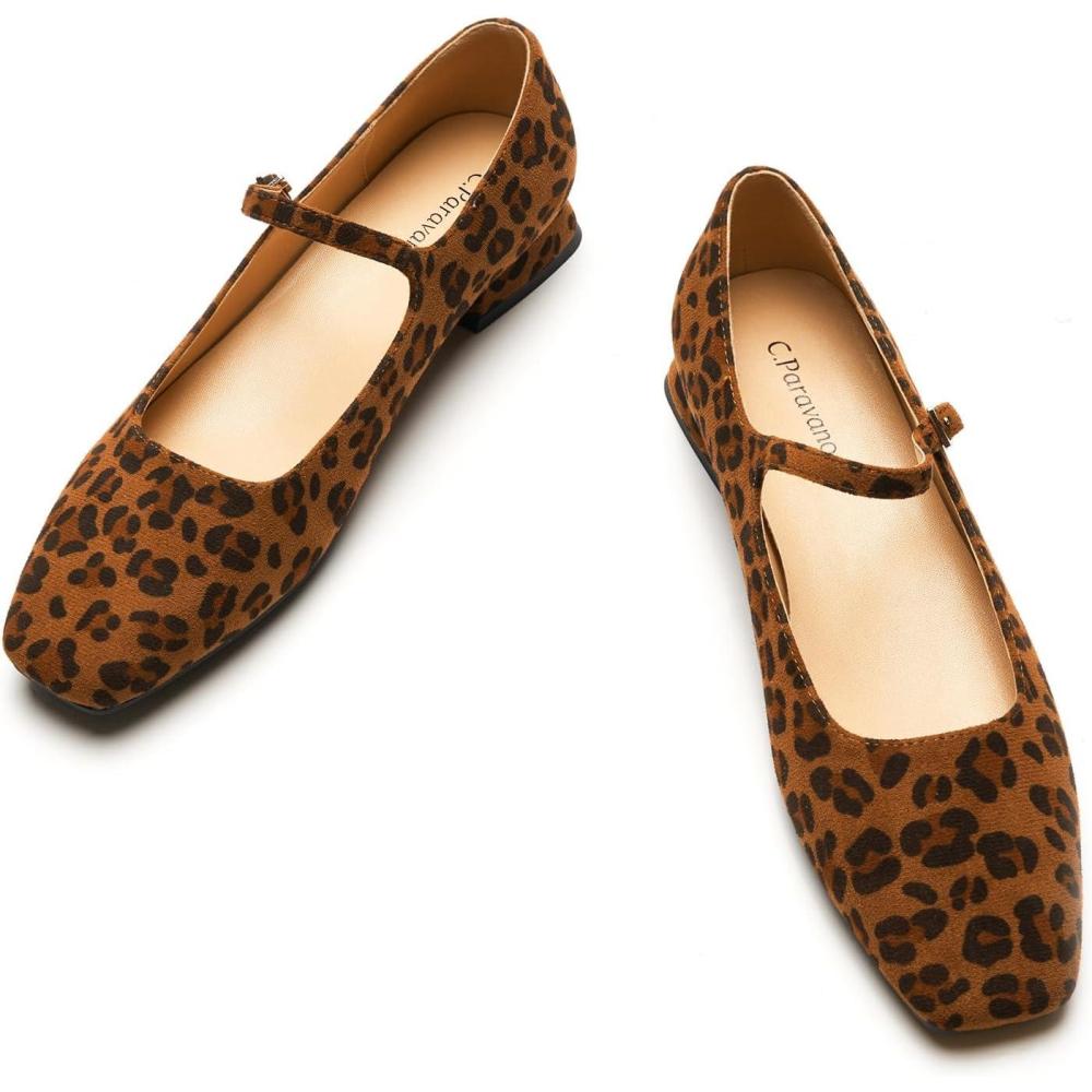 image:imageCParavano Womens Mary Jane Flats Adjustable Strap amp Square Toe Memory Foam Comfort Perfect for Office Weddings TravelLeopard