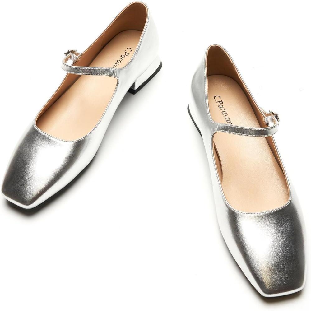 image:imageCParavano Womens Mary Jane Flats Adjustable Strap amp Square Toe Memory Foam Comfort Perfect for Office Weddings TravelSilver