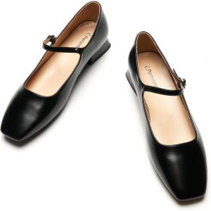 C.Paravano Women’s Mary Jane Flats Adjustable Strap & Square Toe | Memory Foam Comfort | Perfect for Office, Weddings, Travel(Black)