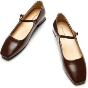 C.Paravano Women’s Mary Jane Flats Adjustable Strap & Square Toe | Memory Foam Comfort | Perfect for Office, Weddings, Travel(Brown)