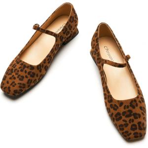 C.Paravano Women’s Mary Jane Flats Adjustable Strap & Square Toe | Memory Foam Comfort | Perfect for Office, Weddings, Travel(Leopard)
