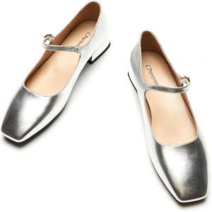 C.Paravano Women’s Mary Jane Flats Adjustable Strap & Square Toe | Memory Foam Comfort | Perfect for Office, Weddings, Travel(Silver)