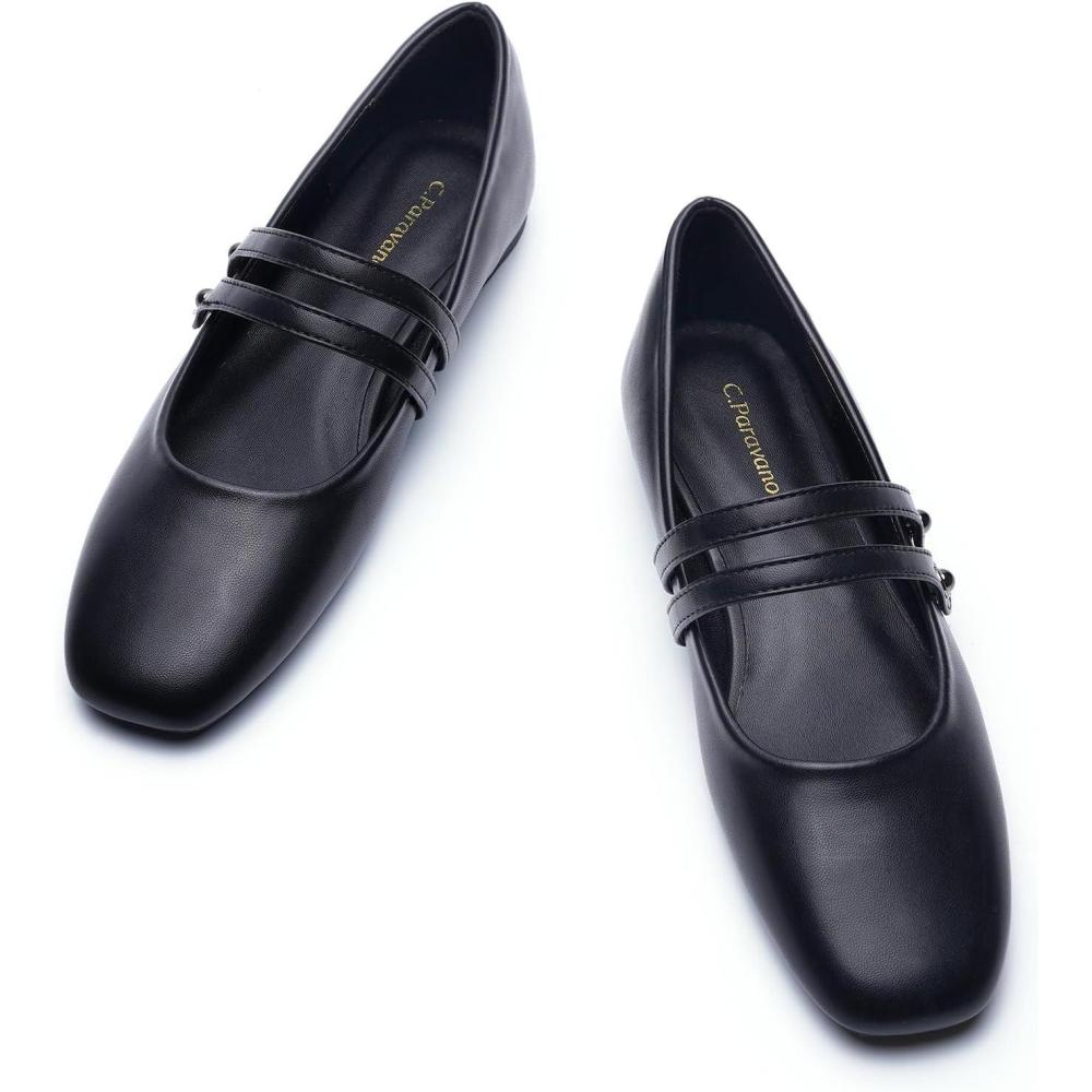 image:imageCParavano Mary Janes for Women Ballet Flats Womens Flats Square Toe Flats for WomenMatte Black