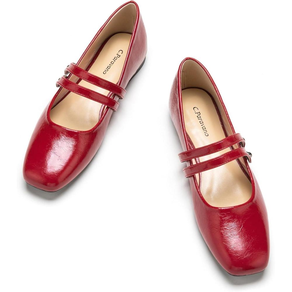 image:imageCParavano Mary Janes for Women Ballet Flats Womens Flats Square Toe Flats for WomenRed